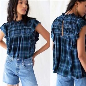 Free People SZ L Not Your Average Girl Blue/Green Plaid Sleeveless Ruffled Top